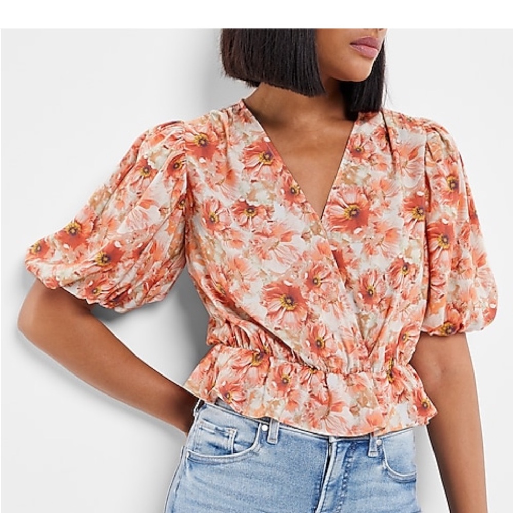Satin Floral Print Faux Wrap
Peplum Thong Bodysuit